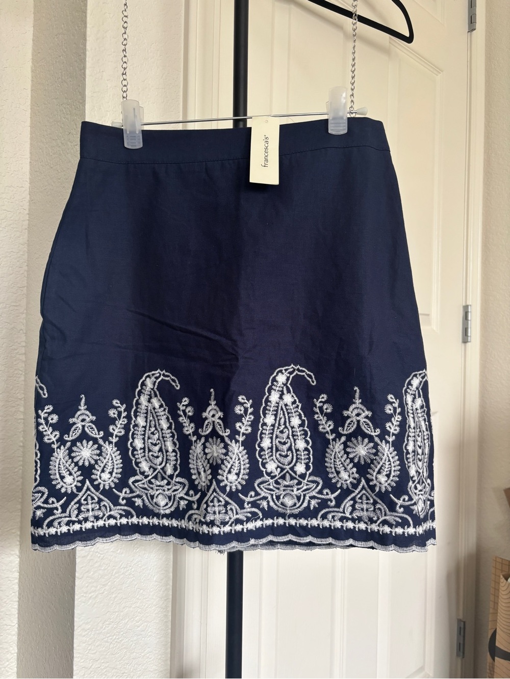 Francesca's Collections Navy Skirt with White Embroidered Border